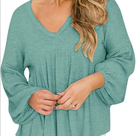 Clarisbelle Women V Neck Puff Sleeve Waffle Knit Peplum Tops - Picture 8 of 8